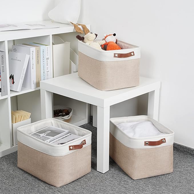 DULLEMELO Fabric Storage Bins, Storage Baskets for Organizing, Collapsible Rectangular Fabric Baskets for Shelves, Empty Gift Baskets (3-Pack Medium-15 inch X 11 inch X 9.5 inch , White&Khaki)-DeskLoop Office