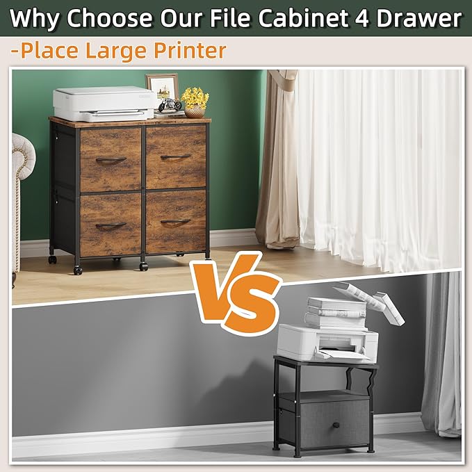 4 Drawer Lateral File Cabinet, Mobile Filing Cabinet for Large Printer, Home Office Functional Small Office Storage Cabinet & Printer Stand, Fabric Drawer, Fits Letter/A4, Rustic Brown-DeskLoop Office