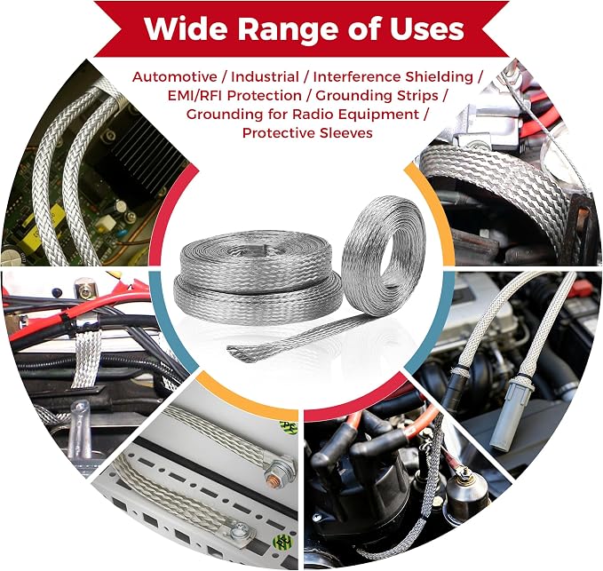 5/16" Wide Tinned Copper Braided Metal Wire Shielding Sleeve Ground Strap - Image 9