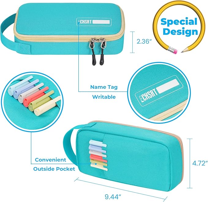 ECHSRT Big Pencil Case, Aesthetic Portable Zipper Pencil Bag with Hidden Pocket, Special Pouch for Men Women Adults, Stationery Organizer Pen Cases for Office Travel, Teal-DeskLoop Office
