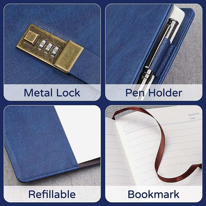 WEMATE Diary with Lock, A5 PU Leather Journal with Lock 240 Pages, Vintage - Image 3