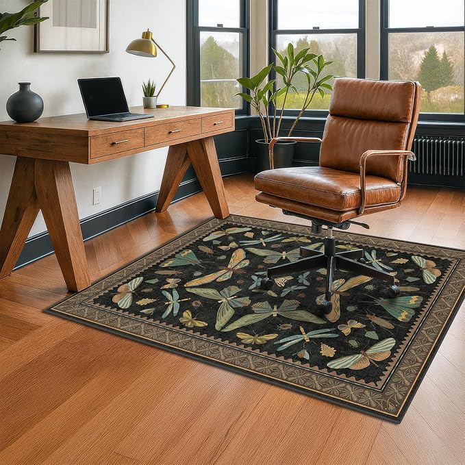 3'x4' Black Office Chair Mat for Hardwood Floors, Insect Boho Design, Non-Slip - Image 3