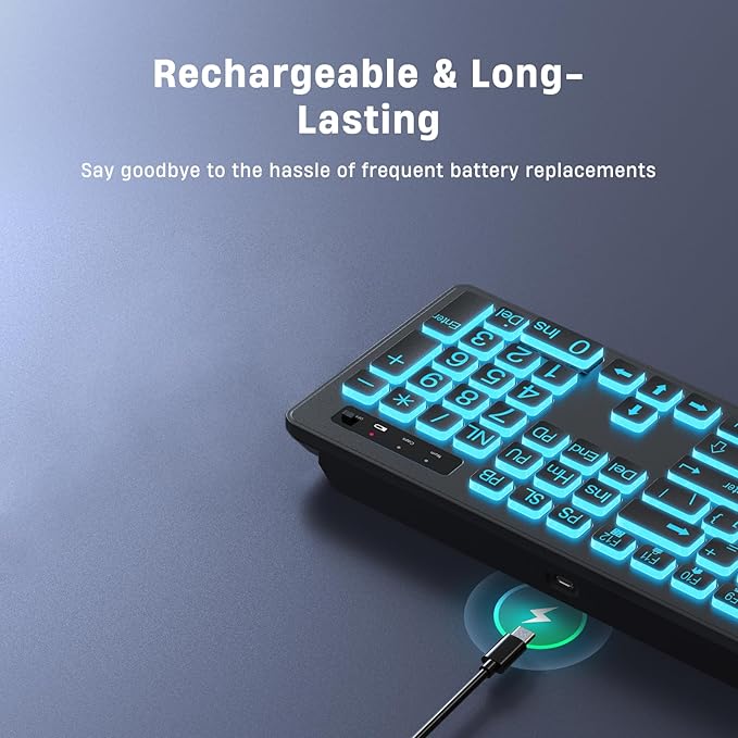 Large Print Backlit Wireless Keyboard, 2.4G Silent Wireless Light Up Keyboard, Full Size Computer Keyboards with 7 Colored Backlits, Rechargeable Keyboards for Windows, PC, Laptop-DeskLoop Office