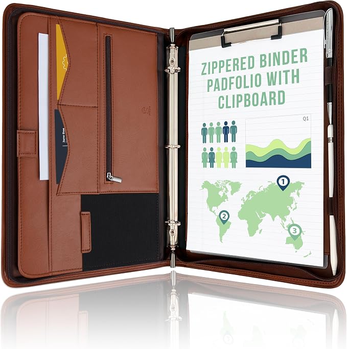 STYLIO Zipper Portfolio | Padfolio 3 Ring Binder and Clipboard Folio | by Stylio