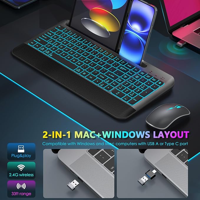 JOYACCESS Wireless Keyboard and Mouse Combo Backlit - Compact Quiet Keyboard with RGB Mouse, Rechargeable, Portable Cordless Keyboard Mouse Set for Mac, Windows, Laptop (Space Gray)-DeskLoop Office