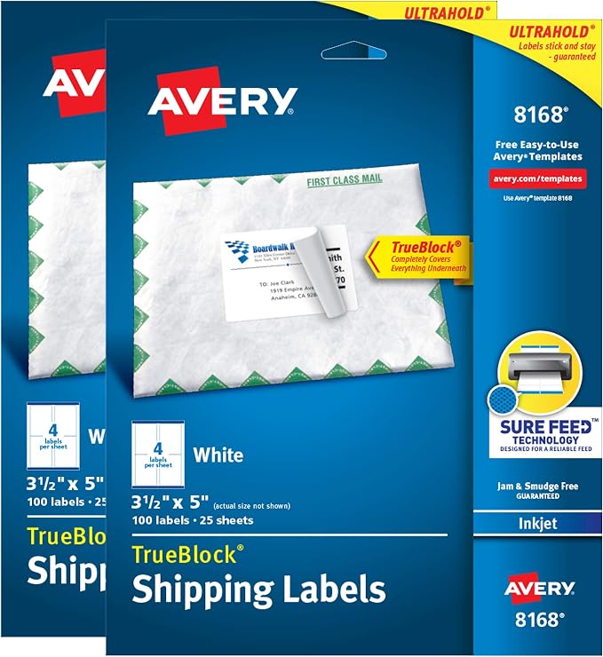 Avery Printable TrueBlock Shipping Labels, 3.5" x 5", Sure Feed, 2 Pack by Avery
