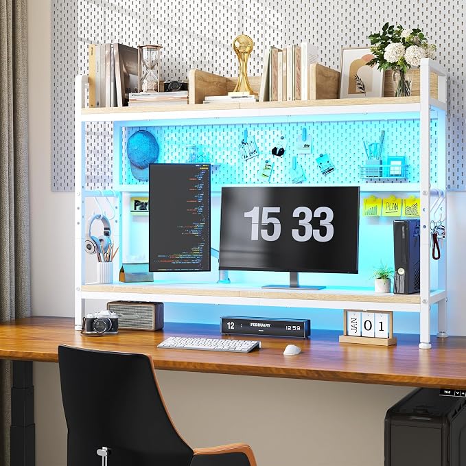 REIBII 45.2" Desk Shelf with LED Lights and Hooks, 2-Tier Adjustable - Image 7