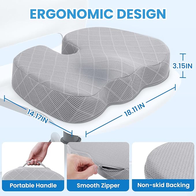 TushGuard Office/Car Seat Cushion, Non-Slip Sciatica & Back Coccyx Tailbone Pain Relief Chair Pad, Memory Foam Butt Pillow for Computer Desk, Wheelchair, Driving (Light Grey)-DeskLoop Office