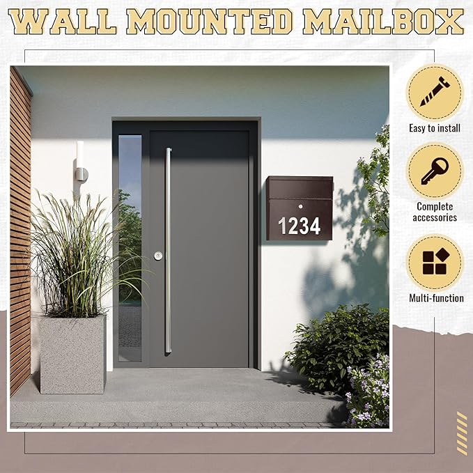 Extra Large Wall Mount Mailboxes for Outside 15.35 x 15 x 7 Inches Locking Security Mail Box Galvanized Steel Wall Mailbox Large Capacity Post Box with Key Lock and Reflective Stickers(Brown)-DeskLoop Office