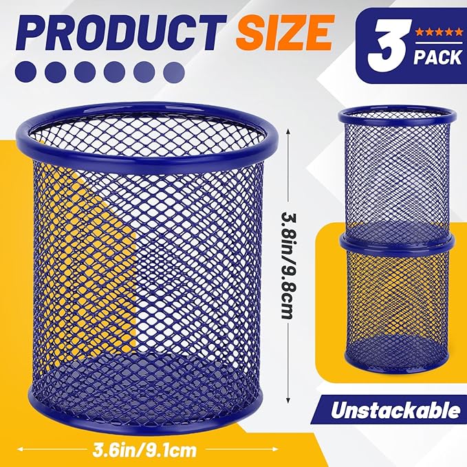 Segarty Pen Cup, 3 Pack Round Cute Dark Blue Pen Holder for Desk, Wire Mesh Pencil Holder Container Set, Desktop Organizer for Office Supplies, Maker, School, Home Storage, Makeup Brush-DeskLoop Office