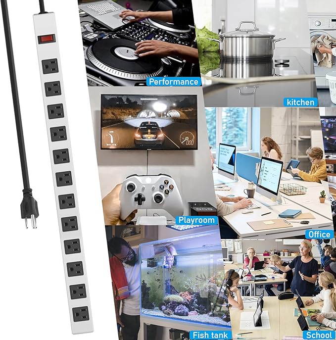 JUNNUJ Metal 12 Outlet Power Strip, Mountable Heavy Duty Power Strip, 1200J Surge Protector Wall Mount Screws Outlet with Switch, Gaming Desk Strips Wide Spaced 15A 125V 1875W, 6 FT 14AWG Power Cord-DeskLoop Office