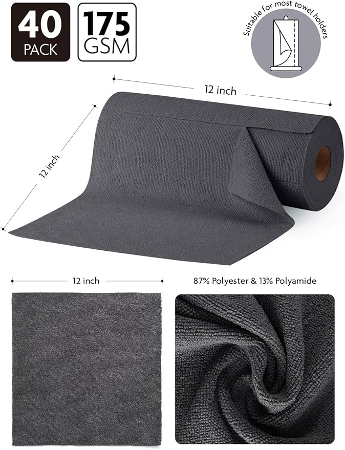 Fantasticlean Microfiber Cleaning Cloth Roll -40 Pack, Tear Away Microfiber Towels, 12" x 12", Reusable, Washable, Scratch Free, Ultra Absorbent Dish Rags for Car, Home, Garage or Shop (DimGrey)-DeskLoop Office