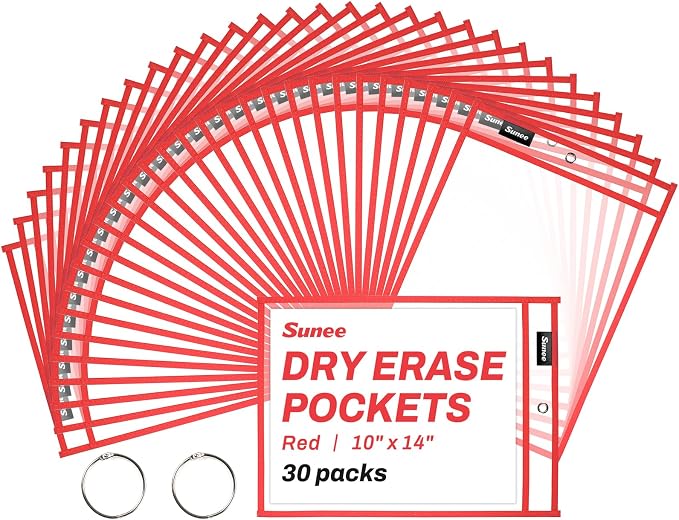 SUNEE 30 Packs Oversized Reusable Dry Erase Pocket Sleeves by SUNEE