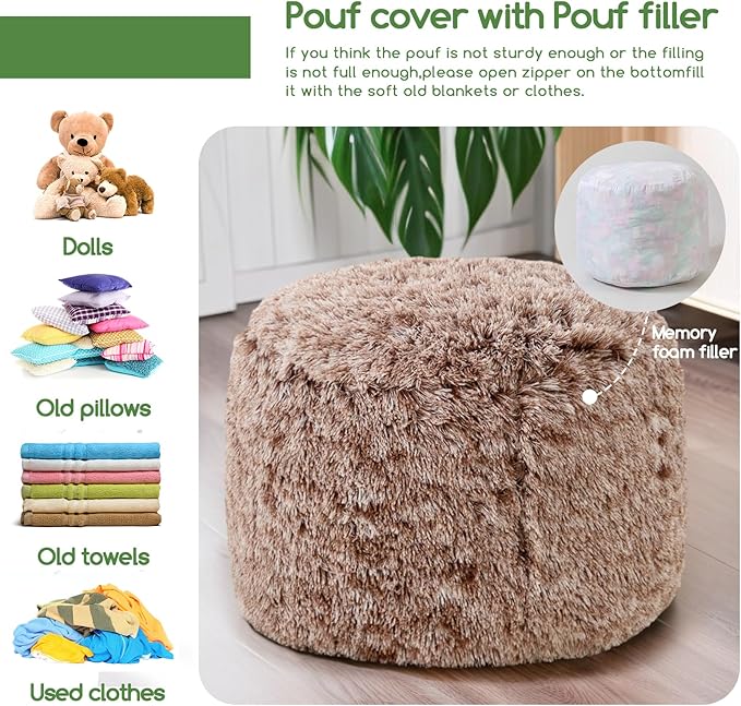 HIGOGOGO Round Stuffed Pouf Ottoman, Long Faux Fur Poufs with Foam Chunk Filling, Fluffy and Furry Pouf Foot Stool Storage Ottoman, 26 X 18 Floor Poufs Foot Rest for Living Room,Coffee-DeskLoop Office