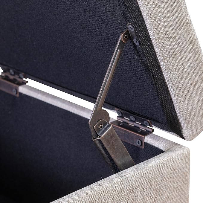 Adeco 18 Inch High Cube Ottoman Storage, Linen Chair Foot Stools, Upholstered Vanity Stool with Hinged Lid, Solid Wood Legs (Beige Grey)-DeskLoop Office