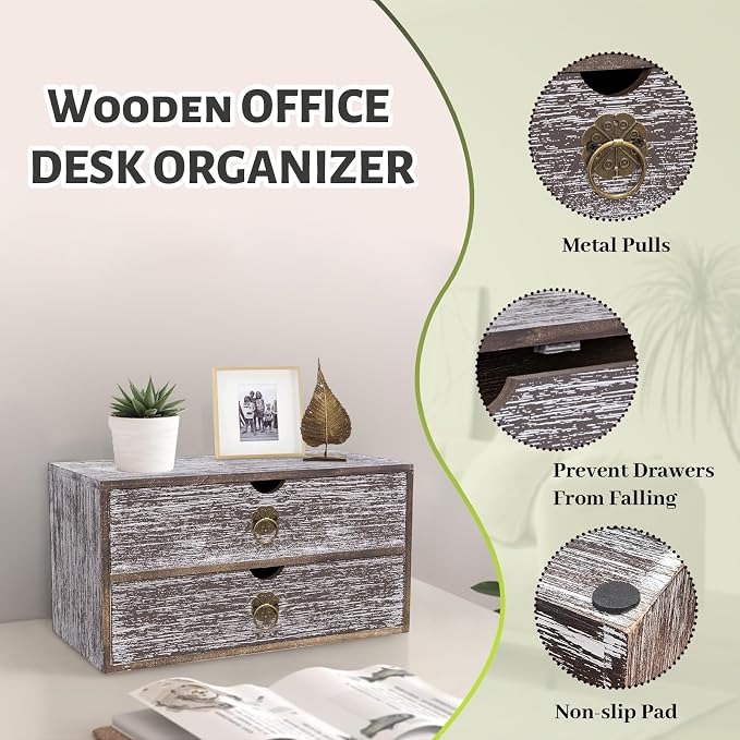 Wood Desk Organizer, Washed Brown Wooden Desktop Organizer - Image 5