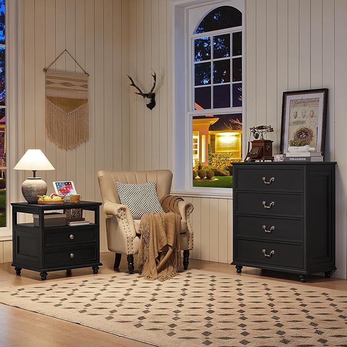 Farmhouse 4 Drawer Dresser for Bedroom, 37" Tall Rustic Chests of Drawers w/ 4 Solid Wood Feet, Mid Century Modern Wooden Closet Storage Dressers Organizer for Living Room, Hallway, Black-DeskLoop Office