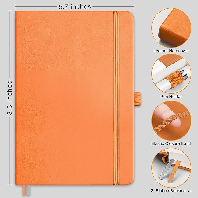 RETTACY Lined Journal Notebook, 192 Numbered Pages, A5 Medium Size (5.7'' x 8.3''), for Men & Women, Journaling, Writing, Work & Office, Leather Hardcover, 100 GSM Thick Paper (Orange)-DeskLoop Office