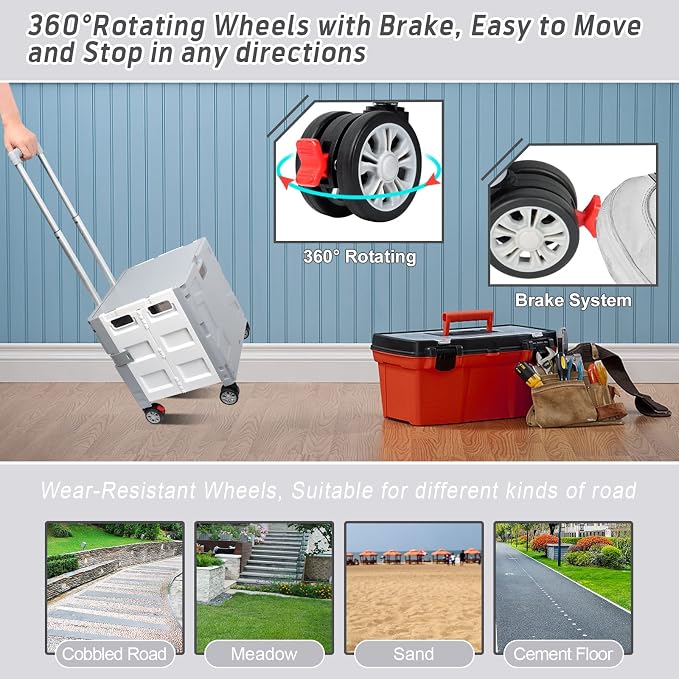 FELICON Folding Utility Cart Rolling Crate Handcart Basket Tote-Gray+White | - Image 5