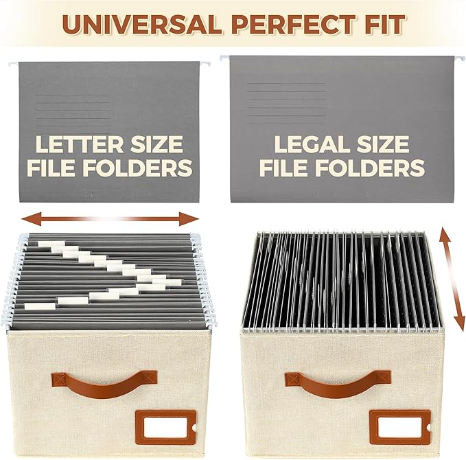 Storage Standard 2-Pack File Organizer Box with Lid - Collapsible Hanging Linen Document Organizer Portable File Boxes, Lightweight & Portable Filing Box Crates with Handles & Extras, Ivory-DeskLoop Office
