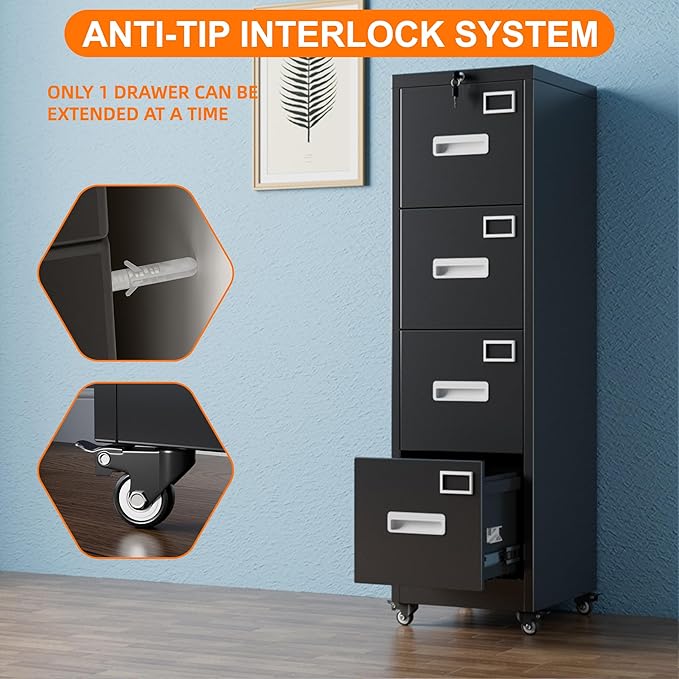 Aobabo 56" H 4 Drawer Moblie File Cabinet with Lock, Metal File Cabinet for Home Office with Wheels, Storage Legal/Letter A4 Size, Black, Assembly Required-DeskLoop Office