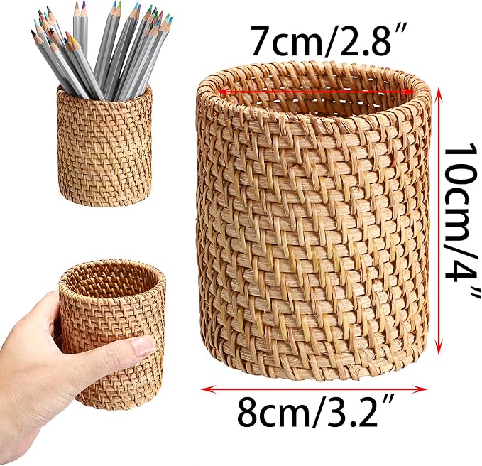 BTSKY 3 Pack Rattan Pen Cup, Handmade Desk Pencil Holders Makeup Brush Holder - Image 3