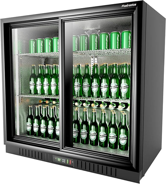36 Inch 228 Cans Double Door Back Bar Beverage Cooler, 6.5 cu. ft. Under Counter Glass Bar Fridge With Sliding Door, Lockable, 32-50F Display Refrigerator, ETL & NSF7 Certified-DeskLoop Office