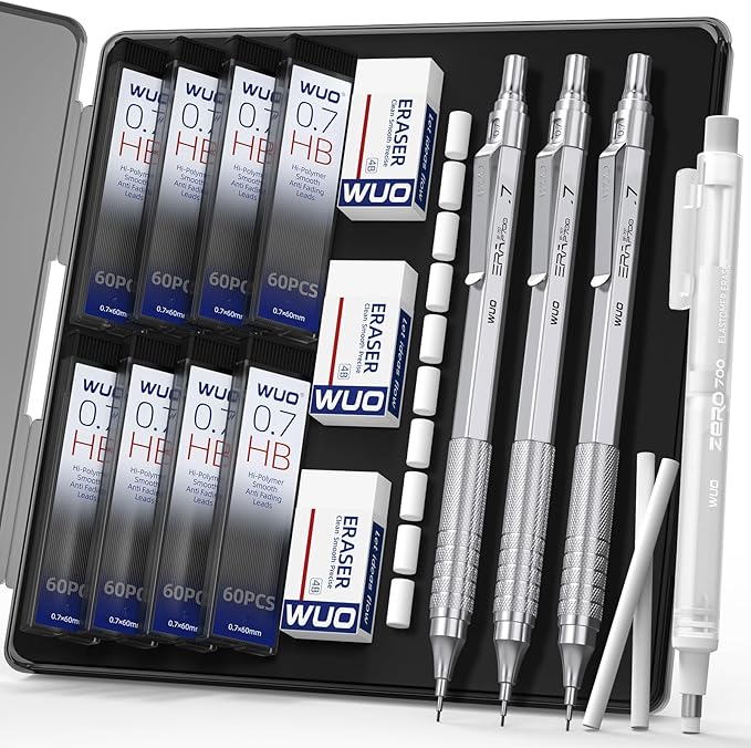 WUO Mechanical Pencils 0.7mm, 3 Silver Metal Drafting Pencils by WUO