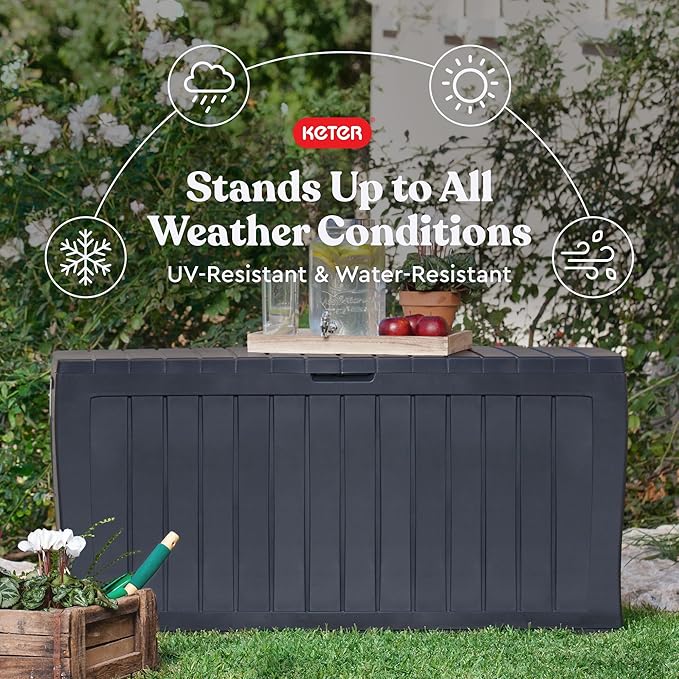 Keter Marvel Plus 71 Gallon Resin Deck Box-Organization and Storage for Patio Furniture Outdoor Cushions, Throw Pillows, Garden Tools and Pool Toys, Dark Grey-DeskLoop Office