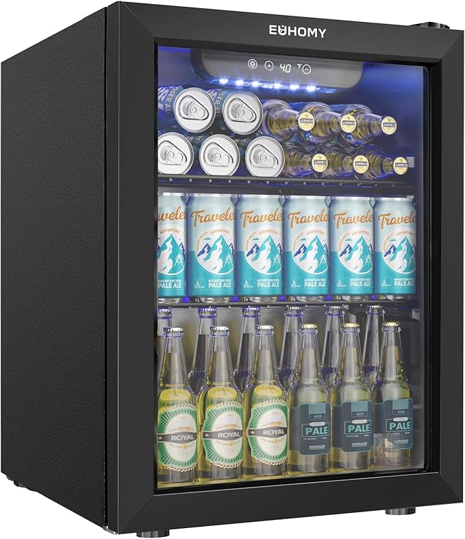 EUHOMY Beverage Refrigerator Cooler - 68 Can Mini Fridge with Glass Door for Soda, Beer, Wine, Small Refrigerator with Digital Temperature Control and Adjustable Shelves for Home Office Bar, 1.7 Cu.ft-DeskLoop Office