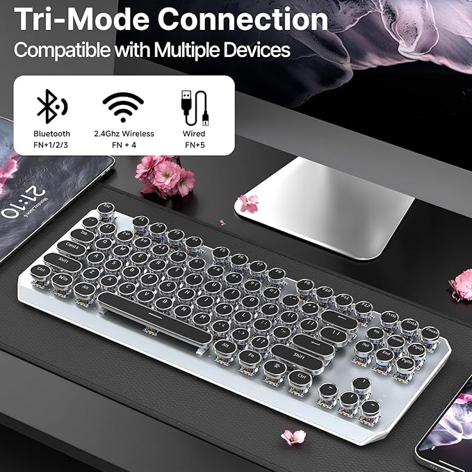 EWEADN Wireless Mechanical Typewriter Keyboard,80% Layout with White Backlit, Anti-Ghosting, Blue Switch Bluetooth/2.4GHz/USB-C Aesthetic Keyboard-Black-DeskLoop Office