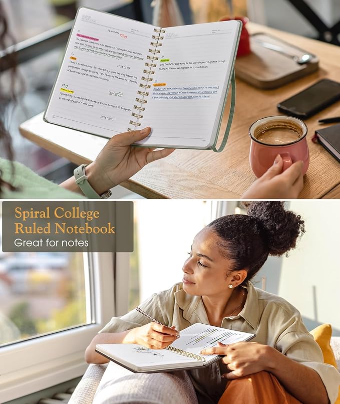 Lined Spiral Journal Notebook, A5 Hardcover Spiral Journals for Women Men, 150 Numbered Pages Spiral Bound Notebook, 100 GSM College Ruled Notebooks for Writing Note Taking 5.75" x 8.38", Sage Green-DeskLoop Office