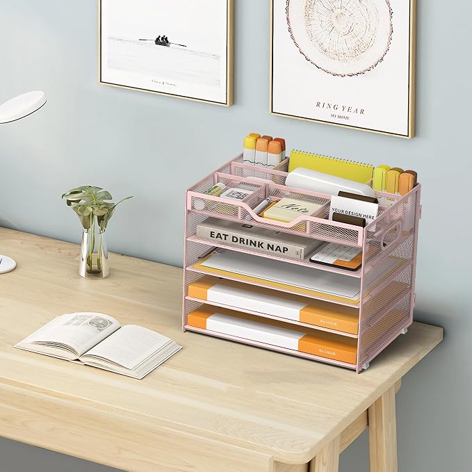 5 Tier Paper Letter Tray with 3 Drop-in Pen Holders, Mesh Desk File Organizer - Image 6