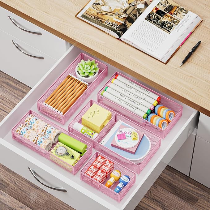 Marbrasse 5 Pack Desk Drawer Organizer Set, Mesh Drawer Storage Trays - Image 6