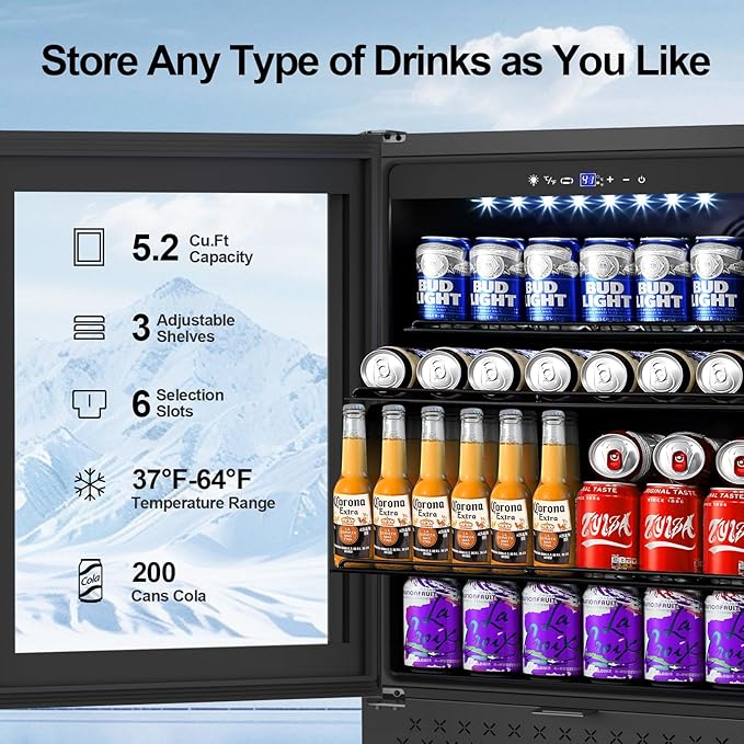 24 Inch Beverage Refrigerator, 5.2 Cu. Ft. Drink Refrigerator with Glass Door, 200 Cans Under Counter & Freestanding Drink Fridge, Reversible Door, Built-In Beverage Cooler for Kitchen, Bar or Office.-DeskLoop Office
