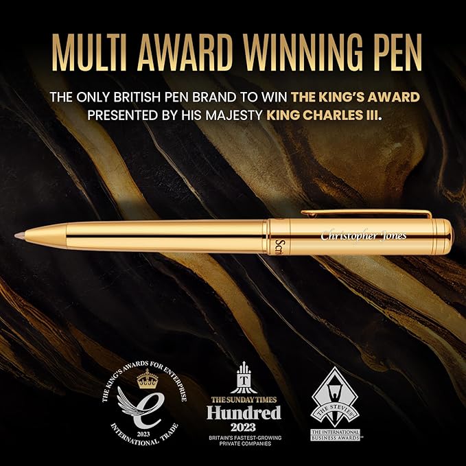 Scriveiner Personalized Gold Ballpoint Pen - Stunning Luxury Pen, Real Gold Plating, Schmidt Ink Refill, Best Engraved Ball Point Gift Set for Men & Women, Custom Name Engraving-DeskLoop Office