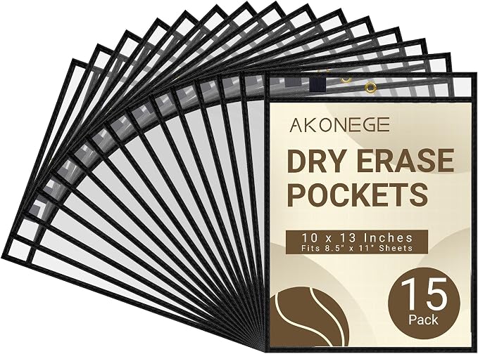 AKONEGE 15 Pack Oversized Dry Erase Pocket Sleeves Reusable 10 x 13 Inches by AKONEGE