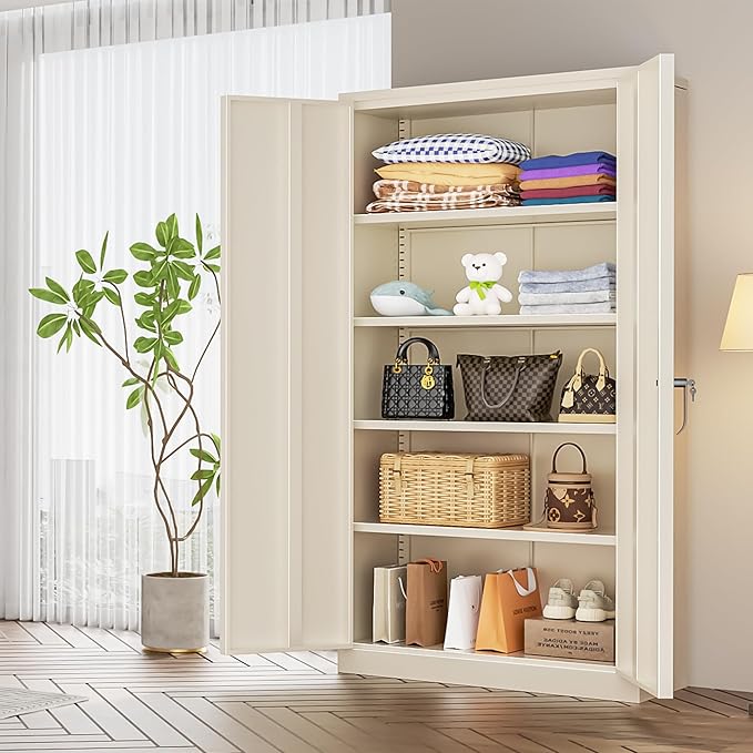 INTERGREAT Tall Metal Storage Cabinet Locking Steel with 4 Adjustable Shelves,72" Lockable Cabinets Lock 2 Doors for Office Garage Supply Home (Cream Grey)-DeskLoop Office