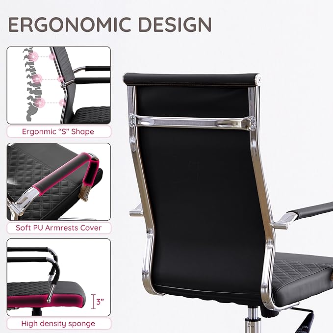 Livinia Modern Executive Office Chair with Patterned Back Design, Chrome & Leather Swivel Chair with High Back, Adjustable Height, Removable Armrests, and Wheels for Home Office (Black(Chrome))-DeskLoop Office