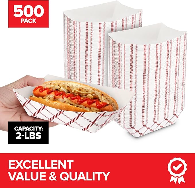 500 Pack 2 Lb Disposable Red & White Checkered Paper Trays, Eco Friendly - Image 2