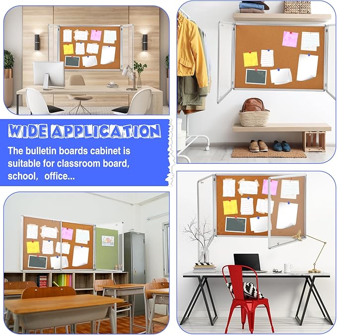 Enclosed Bulletin Board 48" x 36" Weather Resistant Lockable Notice Cork Display Board Wall Mounted 2 Locking Door for School Classroom Commercial Back to School, 12 x A4(Brown, Silver Frame)-DeskLoop Office