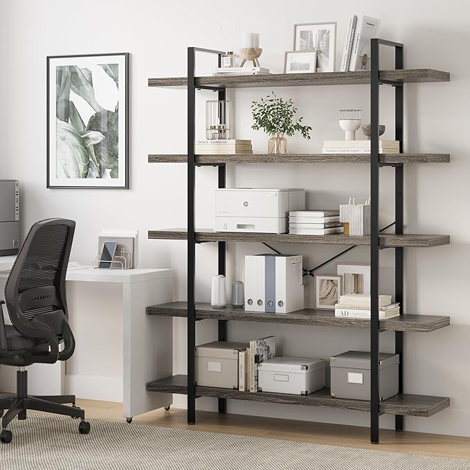Heavy Duty 5-Tier Industrial Bookcase, 47" Wide Wood Bookshelf for Home Office, 120lbs Shelf Capacity, Rustic Shelving Display with Reinforced Horizontal Shelf for Living Room Bedroom,Grey-DeskLoop Office