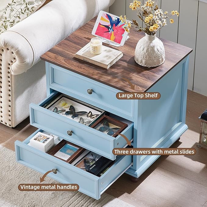 24" Wide Farmhouse Night Stand,Large End Table with 3 Drawers & Metal Handle,Light Blue Wood Dresser for Bedroom Cabinet, Bed Side Tabl·e Chest of Drawers,Nightstand for Living Room,Close-DeskLoop Office