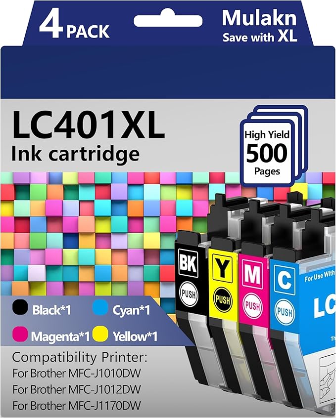 LC401XL LC401 for Brother LC401XL LC401 Ink Cartridges for Brother MFC-J1010DW MFC-J1012DW MFC-J1170DW DCP-J1800DW DCP-J1140DW Printer - 4PK High Yield (Black Cyan Magenta Yellow)-DeskLoop Office