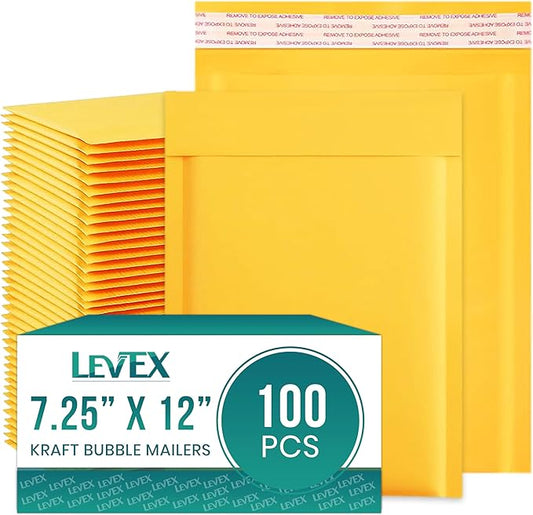 Levex - #1 7.25" x 12 [100 Pack) Kraft Bubble Mailers, Padded Envelope Mailers, Packing Envelope & Mailing Bags for Shipping
