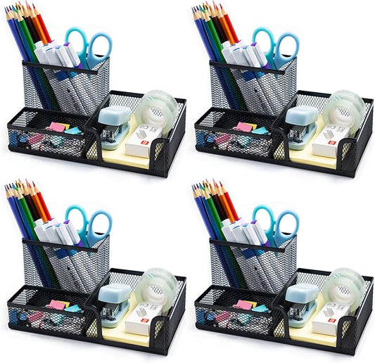 4 Pieces Mesh Pen Holder Desk Organizers and Accessories for Deskop Organizer,3 Compartments Black Pencil Holder for Office Supplies,Gifts for Colleague-DeskLoop Office
