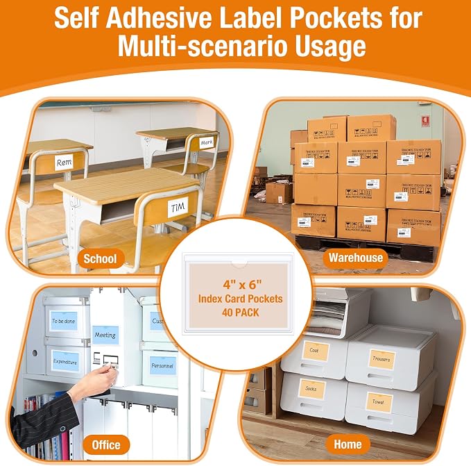 40 PCS Index Card Pockets 4"X6", Self Adhesive Card Pockets, Plastic Labels - Image 4