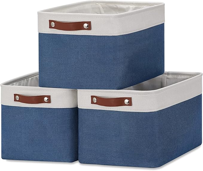 DULLEMELO Fabric Storage Bins, Foldable Storage Baskets for Organizing, Empty Gift Baskets (3-Pack Medium-15 inch X 11 inch X 9.5 inch , White&Blue)-DeskLoop Office