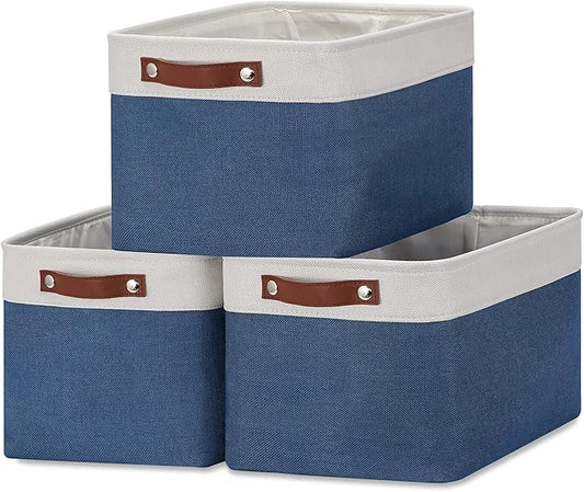 DULLEMELO Fabric Storage Bins, Foldable Storage Baskets for Organizing, Empty Gift Baskets (3-Pack Medium-15 inch X 11 inch X 9.5 inch , White&Blue)-DeskLoop Office