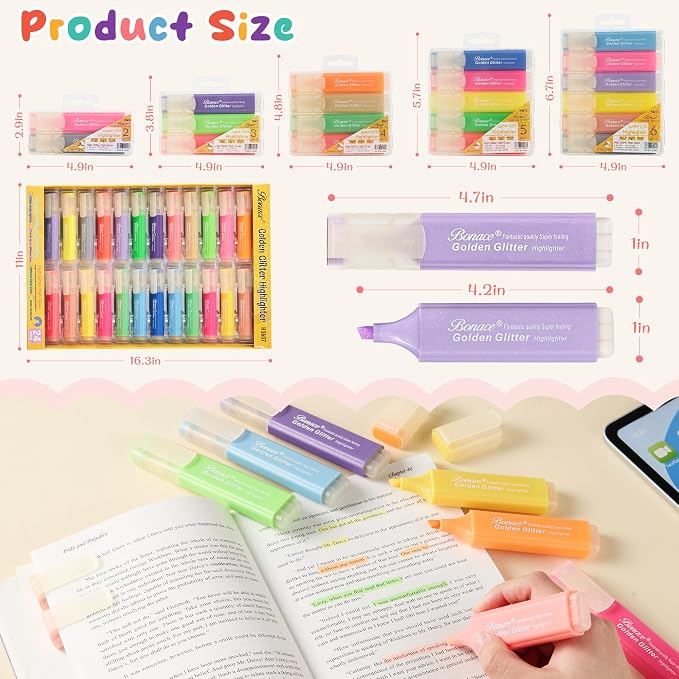 24 Glitter Highlighters, Metallic Chisel Tip Marker Pens | Pastel & Fluorescent - Image 8